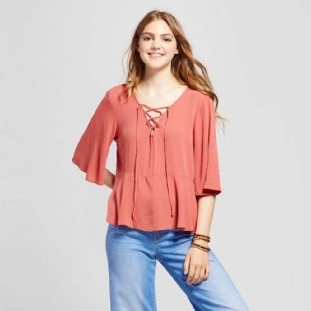 3/$50 // Boho Lace-up Bell-Sleeve Peplum Top